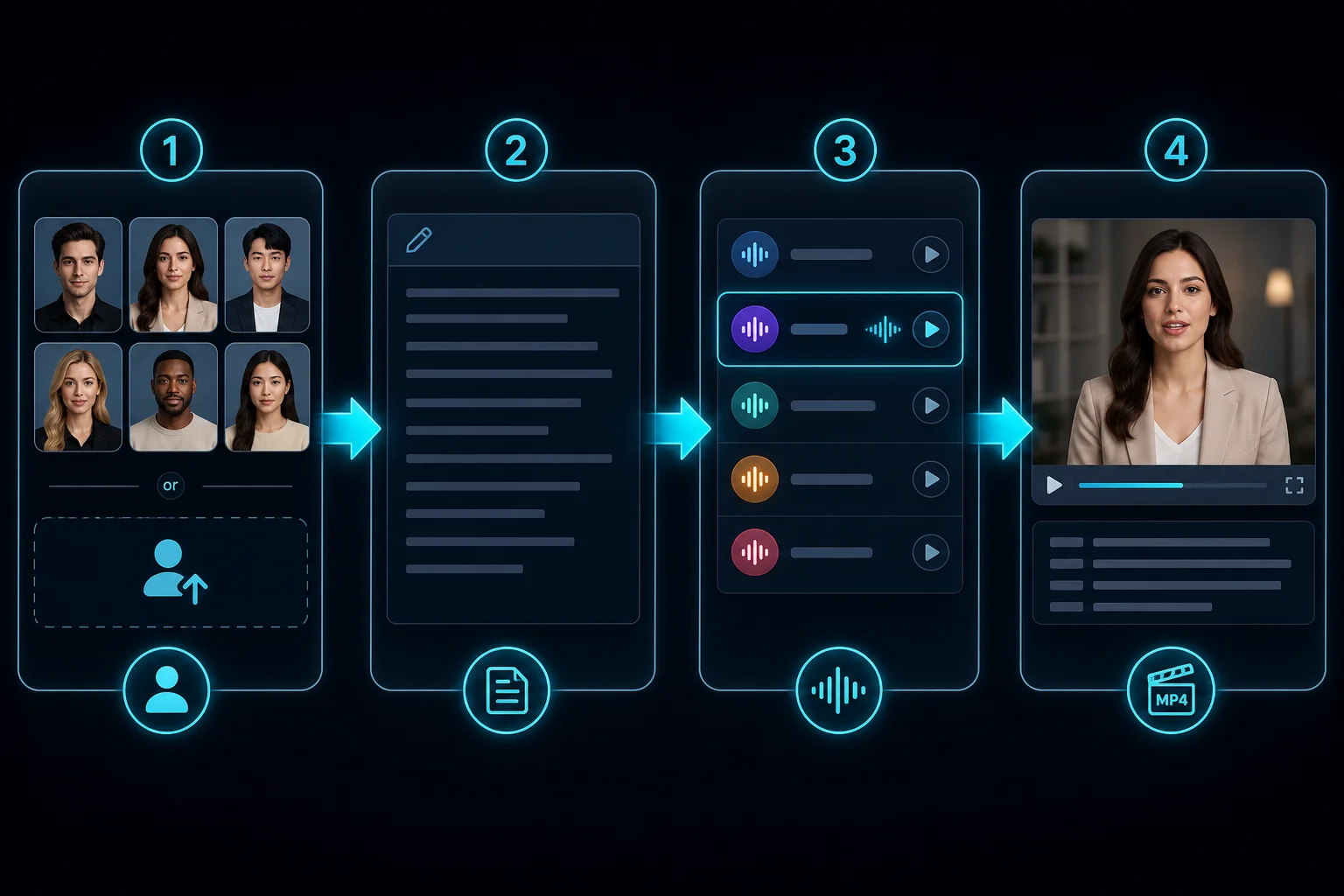 Four-step talking head workflow from avatar to script, voice, and exported video
