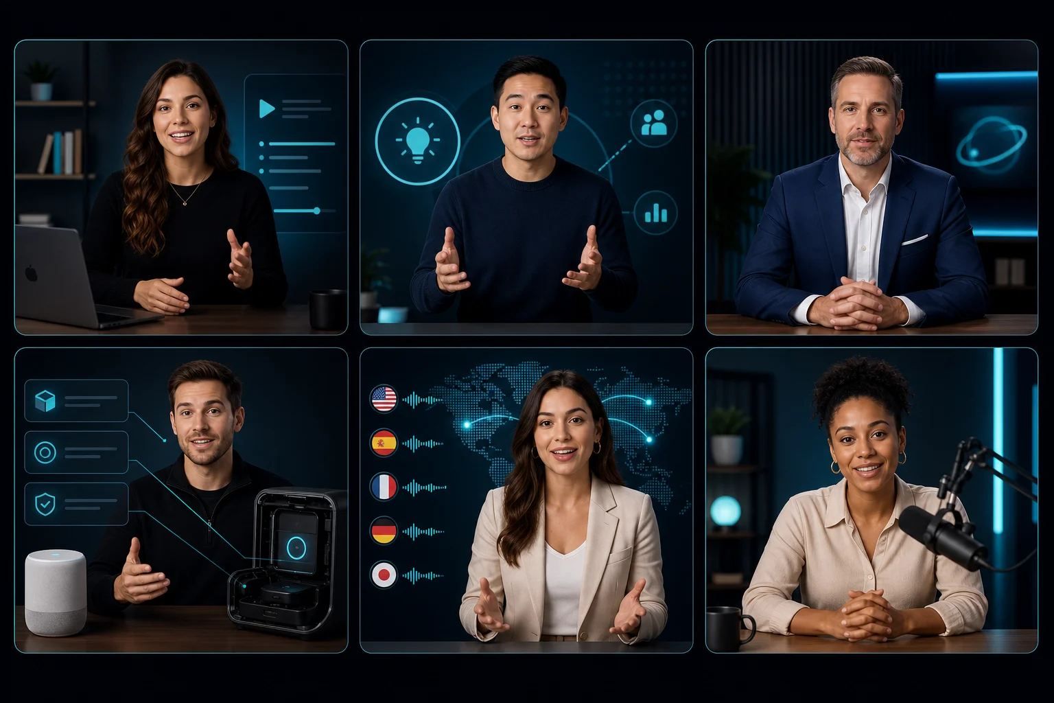Talking head use cases including courses, explainers, announcements, and multilingual sales
