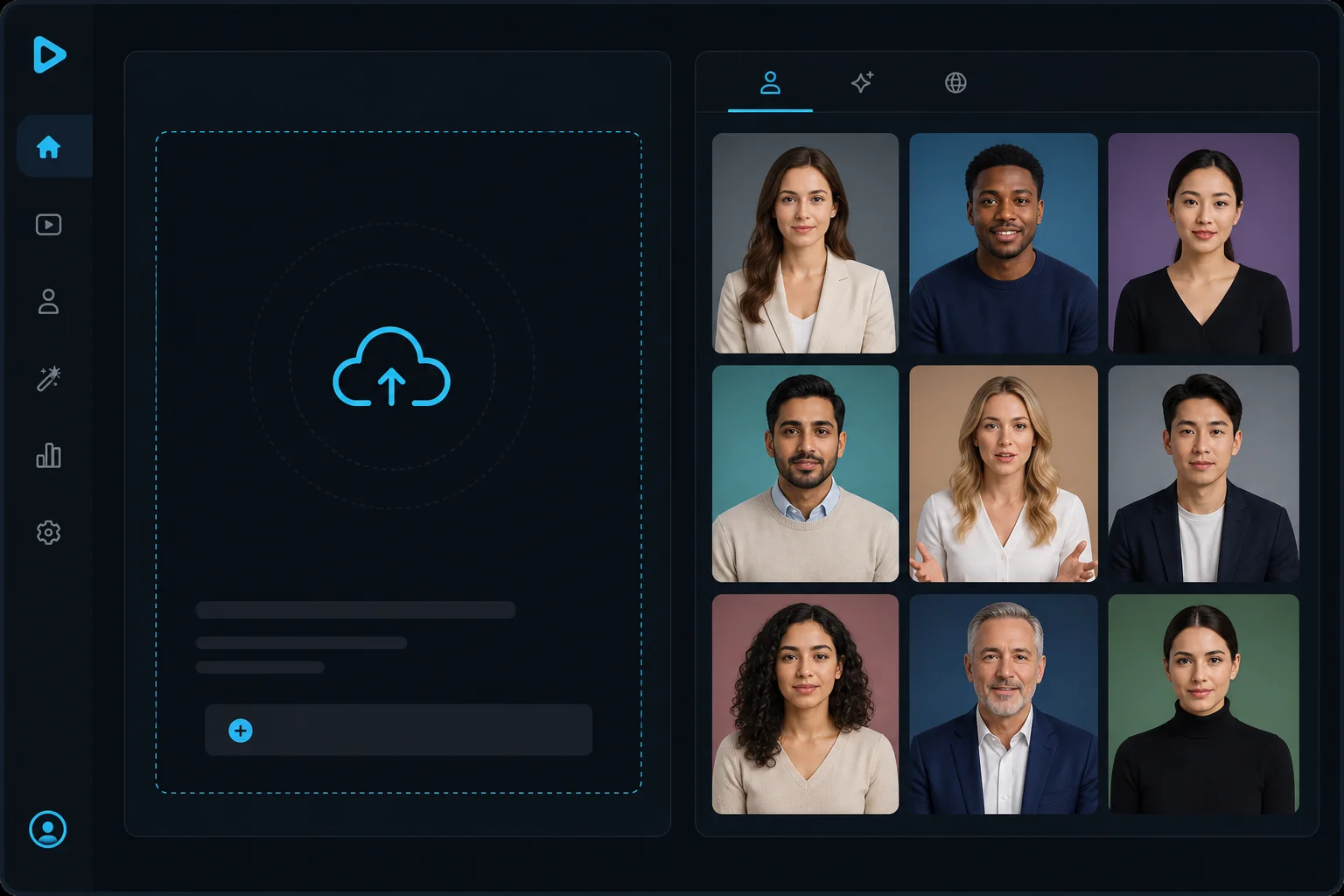 Upload a portrait photo or choose from AI presenter avatars