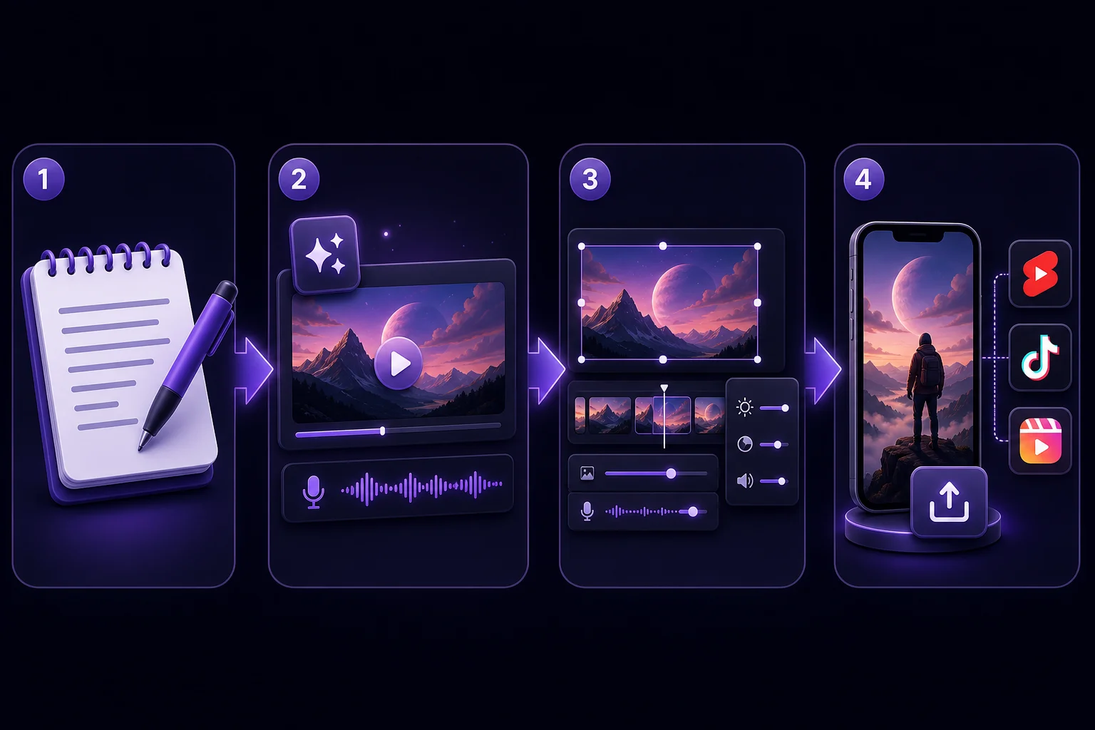 Four-step AI video workflow from script to draft, polish, and social export
