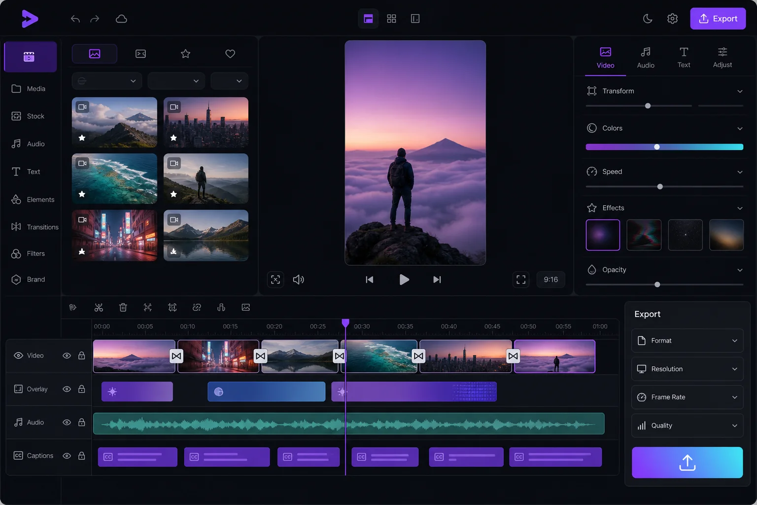 Integrated video editor with timeline, stock clips, and vertical preview