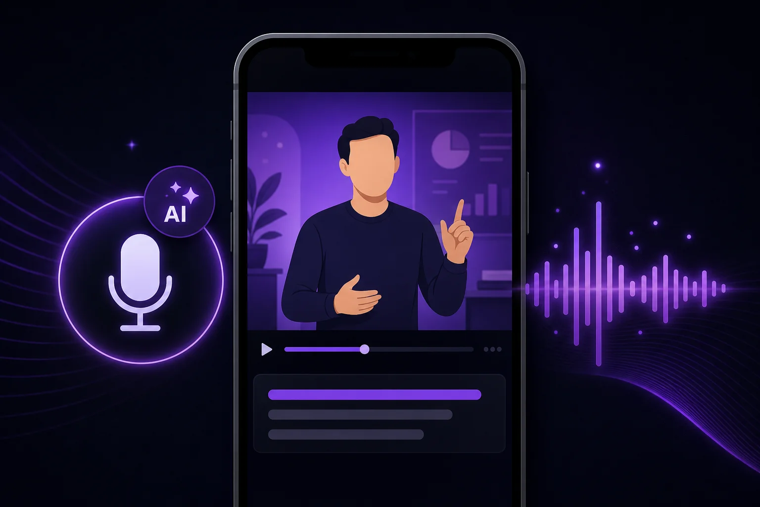 AI voiceover waveform with auto-generated captions on a vertical video