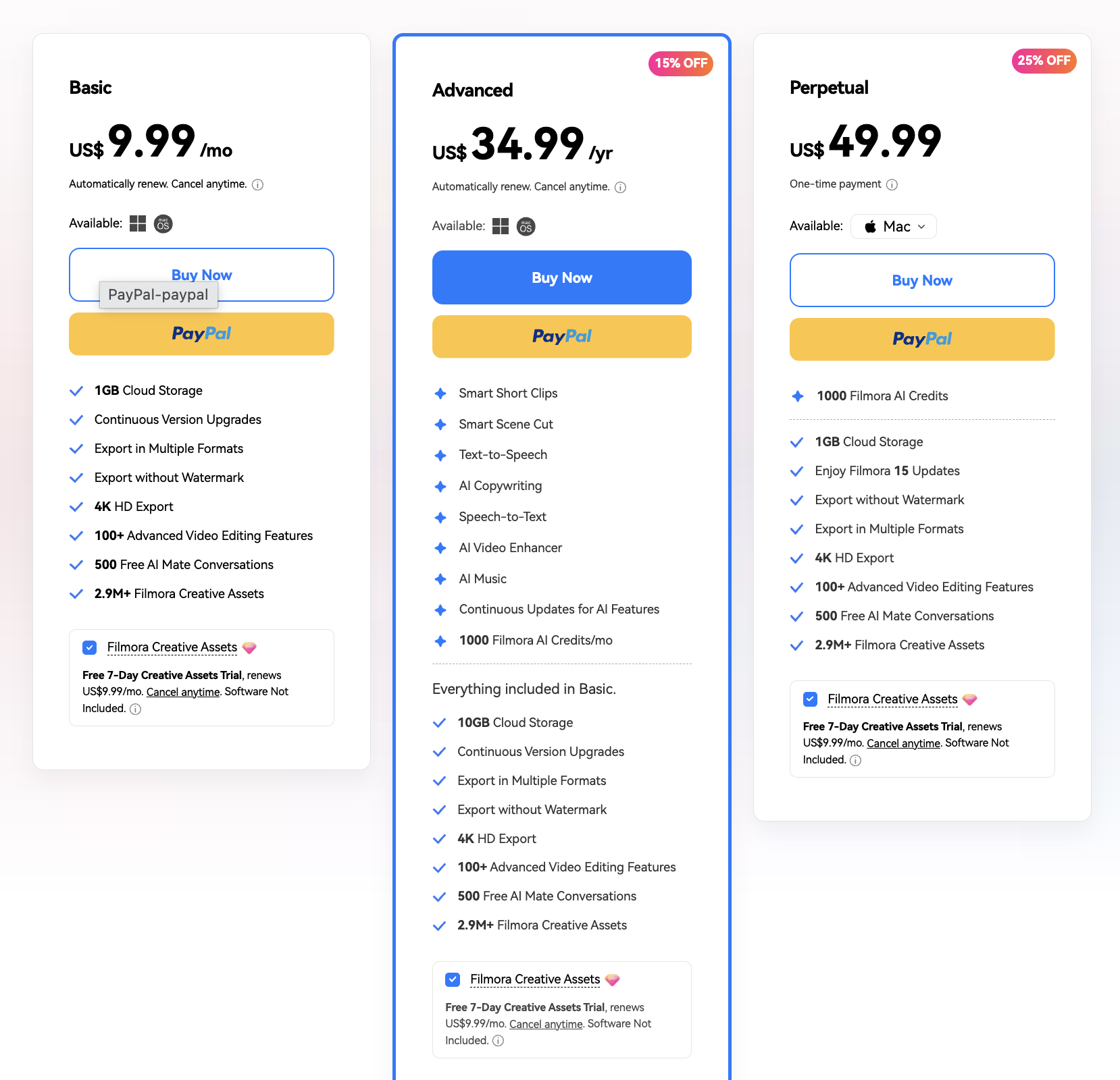 Filmora pricing: Basic $9.99/mo, Advanced annual, Perpetual $49.99 one-time