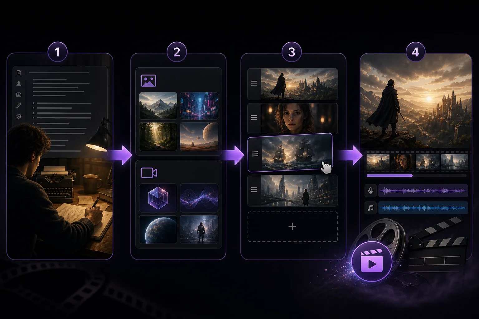 Four-step Story to Video workflow from script to model selection, storyboard, and final render