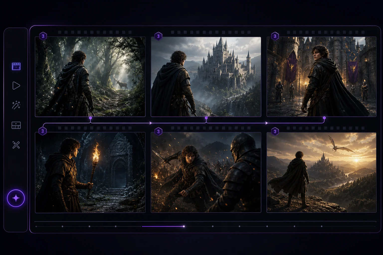 Cinematic storyboard with consistent characters across AI-generated scenes