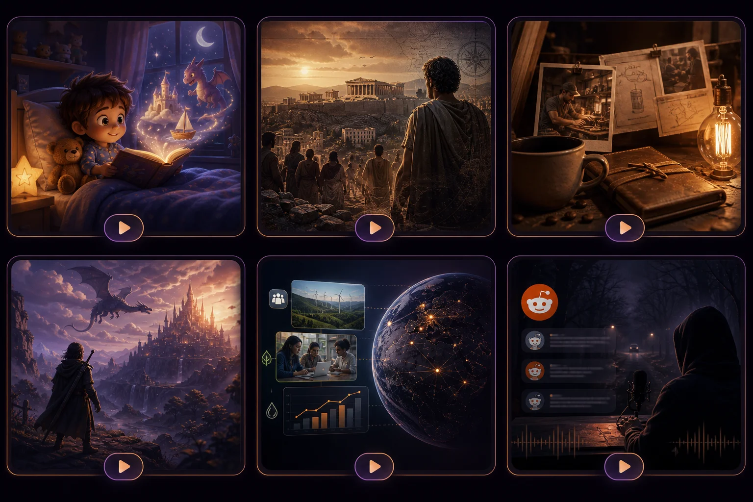 Story to video use cases including bedtime stories, documentaries, brand origins, and fiction shorts