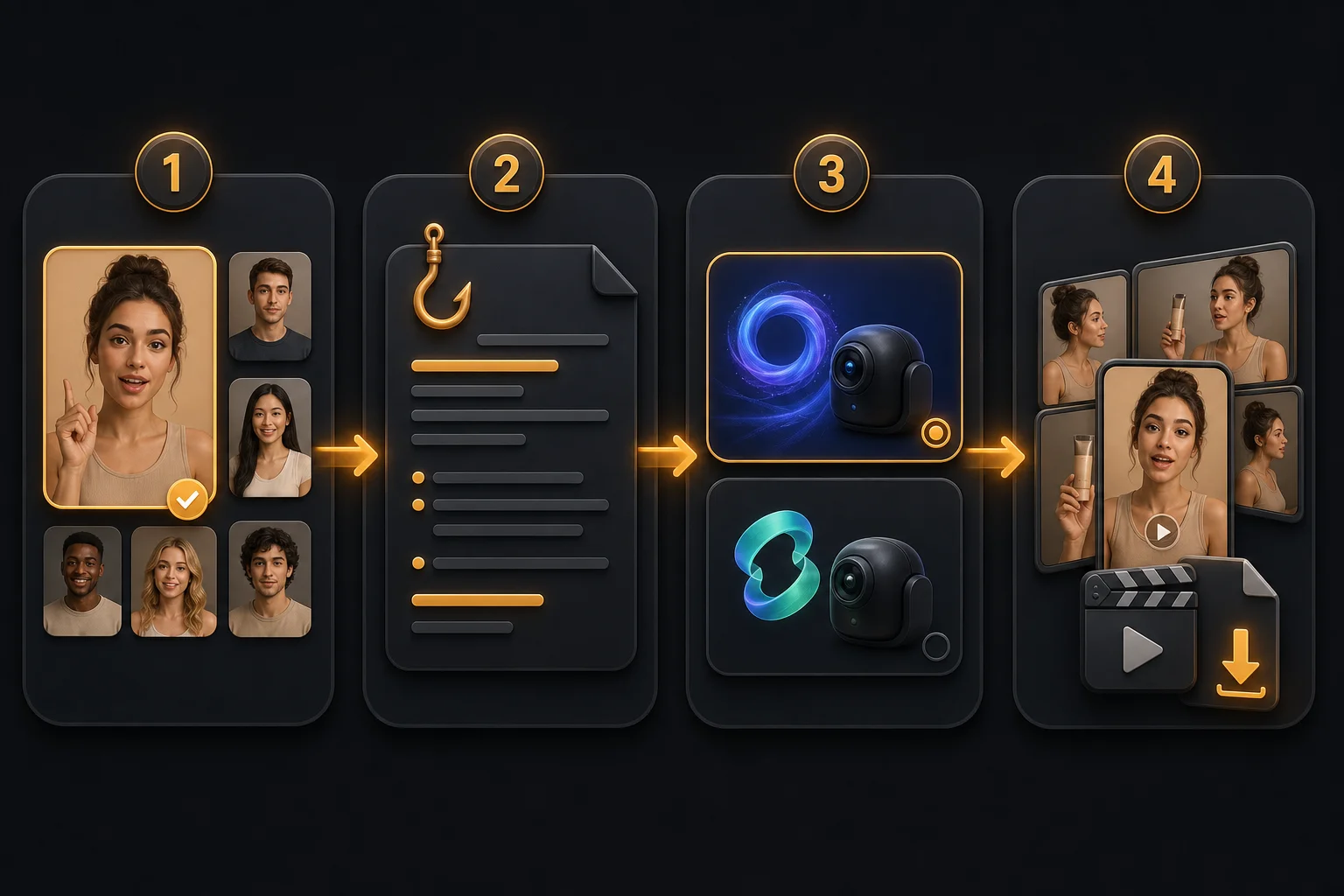 Four-step UGC workflow from avatar selection to script, model choice, and ad export